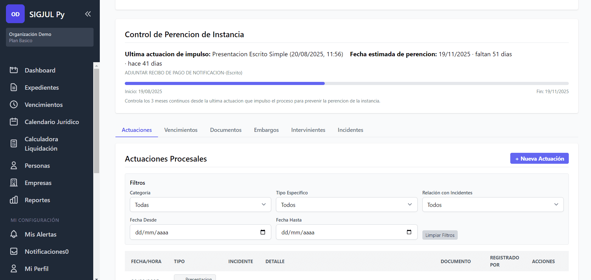 Dashboard principal de SIGJUL